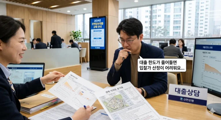 경매 아파트를 보며 은행 대출 상담을 받고 있는 투자자, 대출 한도 감소를 걱정하는 모습