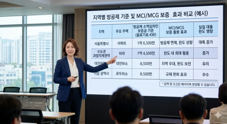 지역별 방공제 금액과 MCI MCG 보증 활용을 비교한 표