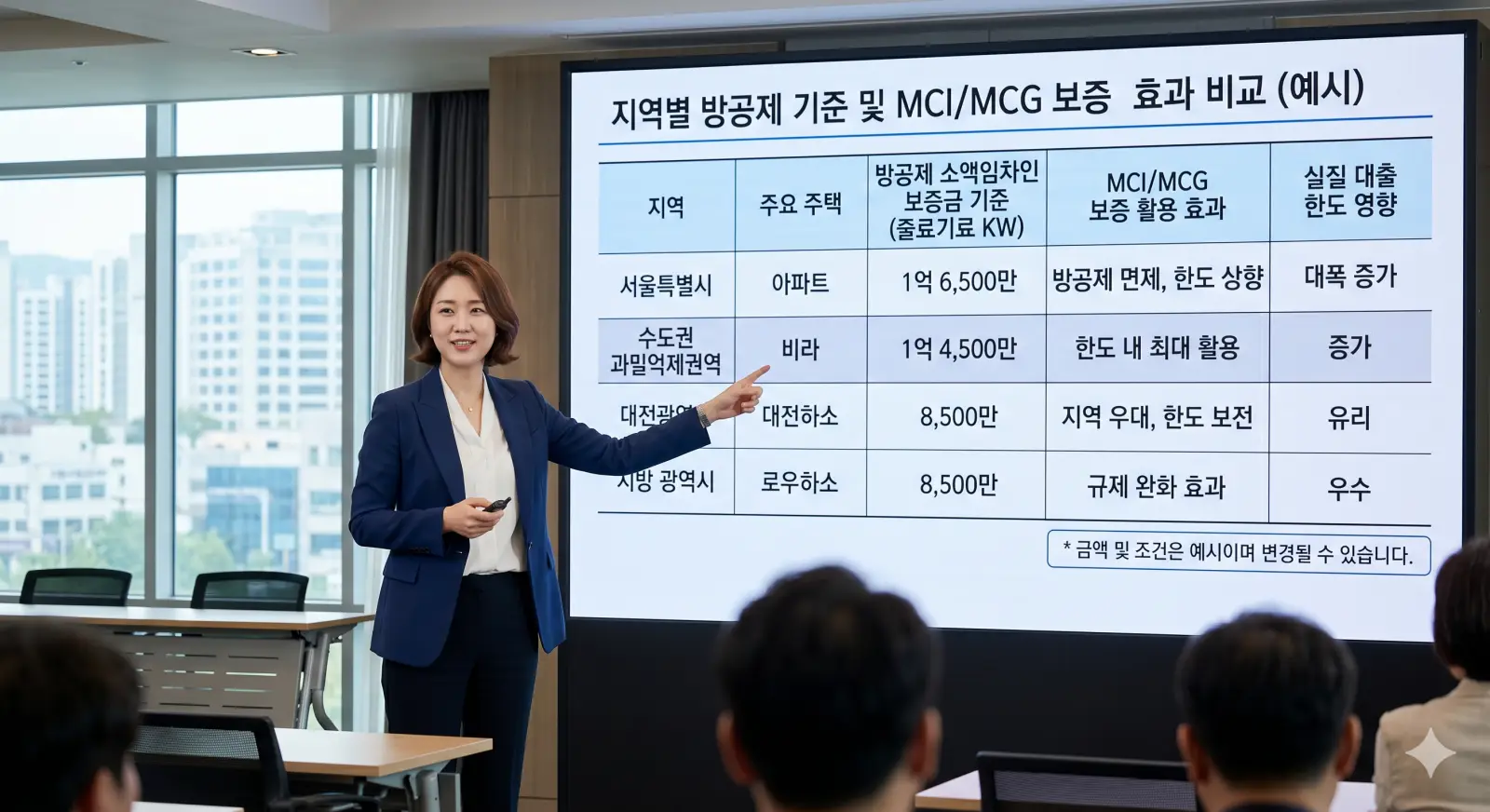 지역별 방공제 금액과 MCI MCG 보증 활용을 비교한 표