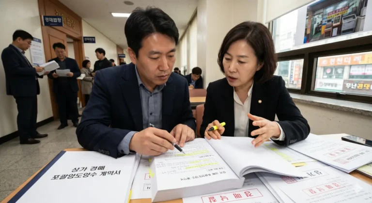 상가 경매 포괄양도양수 계약서를 살펴보는 모습
