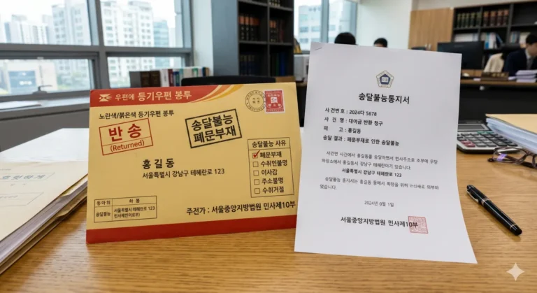 송달불능 사유가 적힌 우편 반송 봉투와 법원 서류