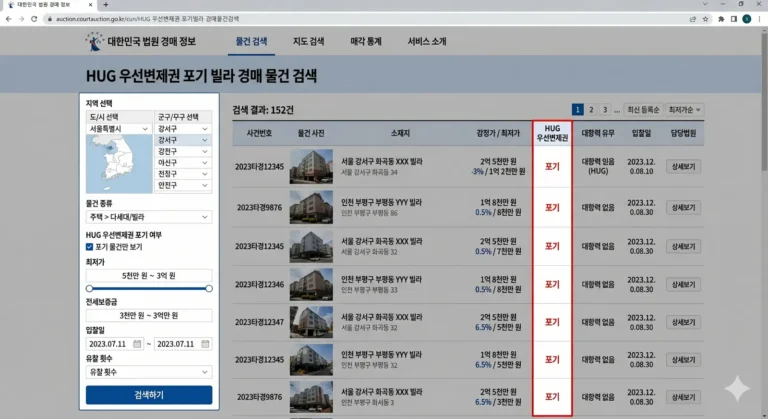 HUG 우선변제권 포기 빌라 경매 물건 검색 화면