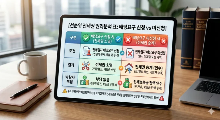 선순위 전세권 배당요구 시 소멸 vs 미신청 시 인수 구조를 정리한 표