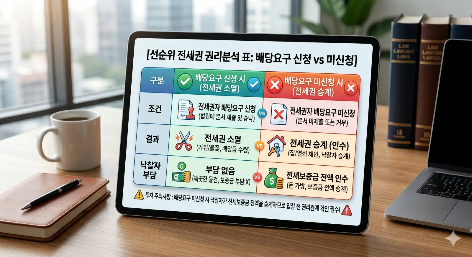 선순위 전세권 배당요구 시 소멸 vs 미신청 시 인수 구조를 정리한 표
