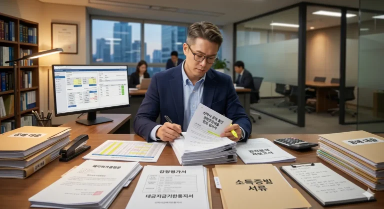 신탁사 공매 물건 경락잔금대출 한도 관련 서류 검토 하는 모습