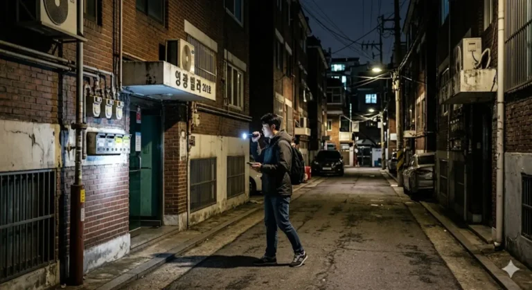빌라 경매 야간 임장으로 밤에 골목을 걸으며 현장조사 하는 모습