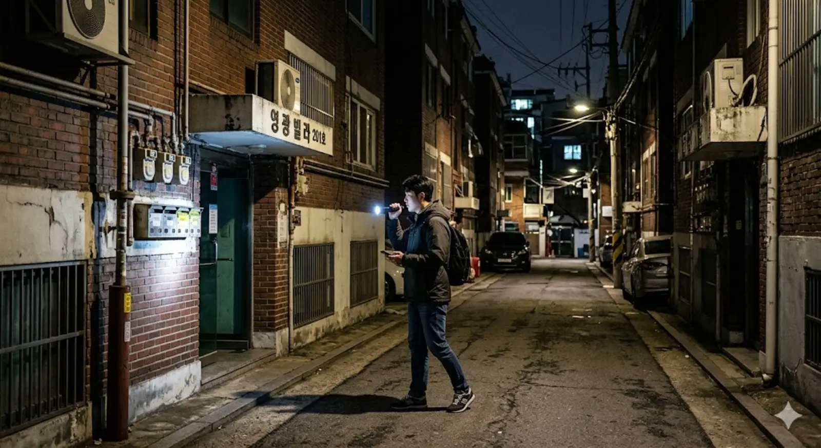 빌라 경매 야간 임장으로 밤에 골목을 걸으며 현장조사 하는 모습