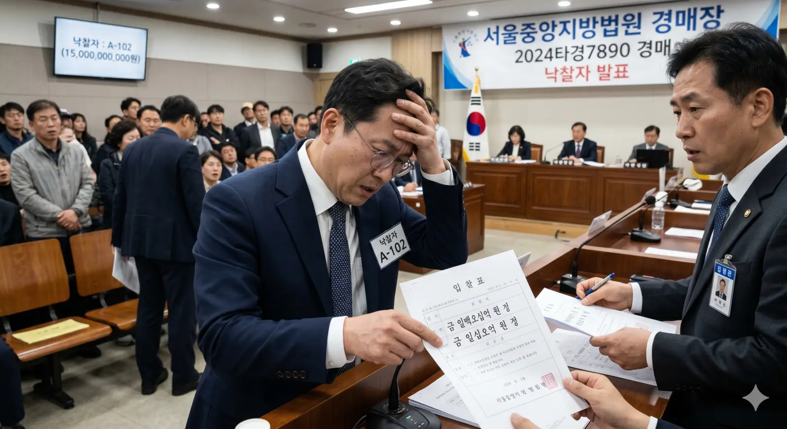 법원 경매장에서 입찰 금액을 잘못 적고 당황하는 입찰자