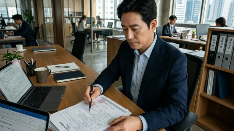 종중 재산 지분경매 권리분석을 위해 등기부등본을 펼쳐놓고 확인하는 모습