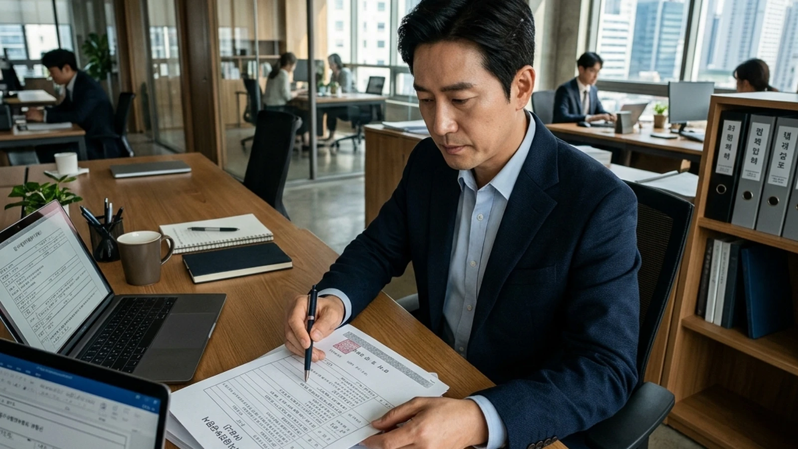 종중 재산 지분경매 권리분석을 위해 등기부등본을 펼쳐놓고 확인하는 모습