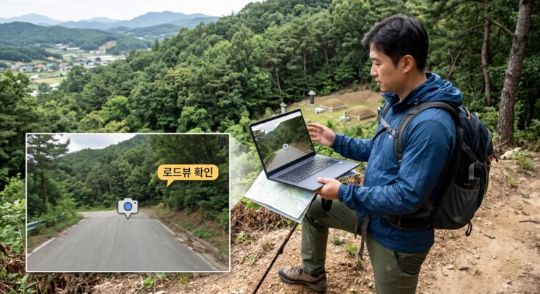 맹지와 분묘가 있는 임야를 로드뷰와 현장 사진으로 확인하는 모습