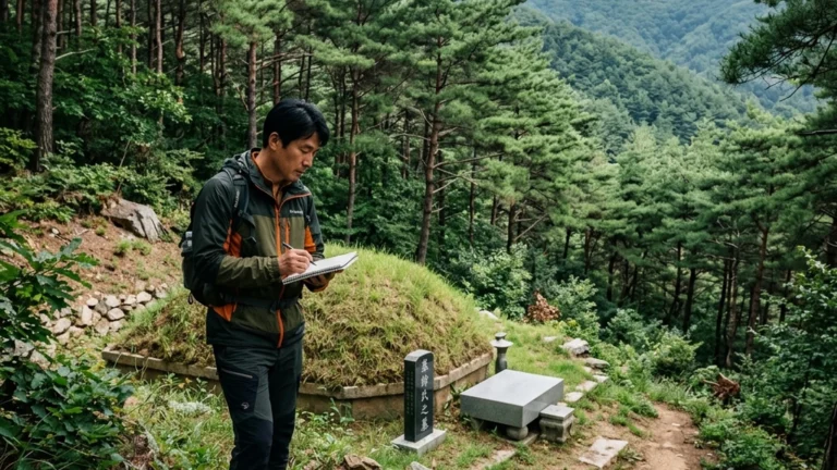 묘지 지분경매 분묘기지권을 따지기 위해 선산 임야 현장에서 봉분을 확인하는 모습