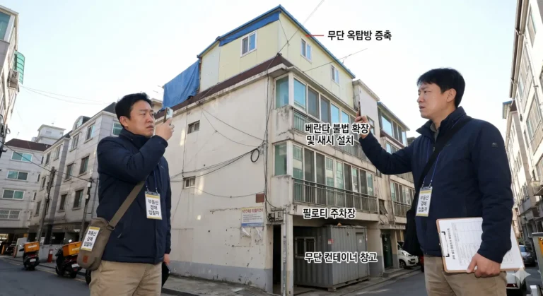 위반건축물 외관을 확인하는 투자자