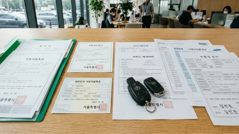 수입차 공식 서비스센터에서 새 스마트키를 차량에 등록·페어링하는 장면