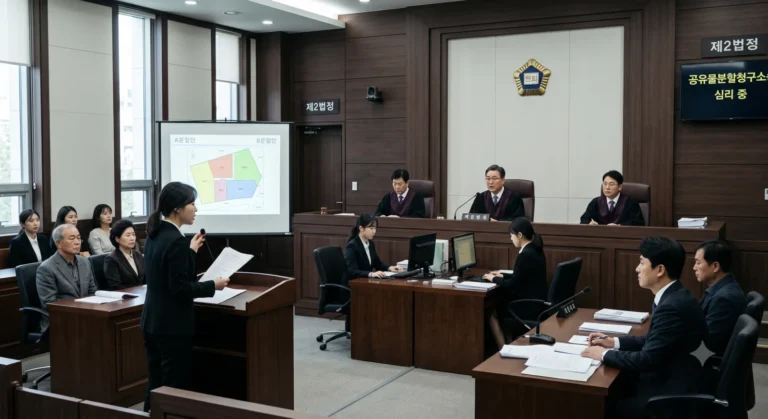 공유물분할청구소송 법정에서 분할 방법을 심리하는 장면 이미지