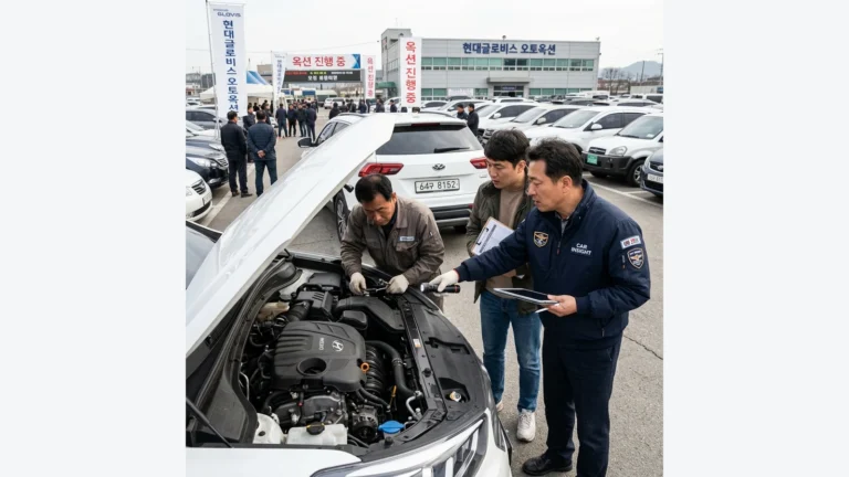 중고차 공매 입찰 전 차량을 전문가와 직접 점검하는 모습