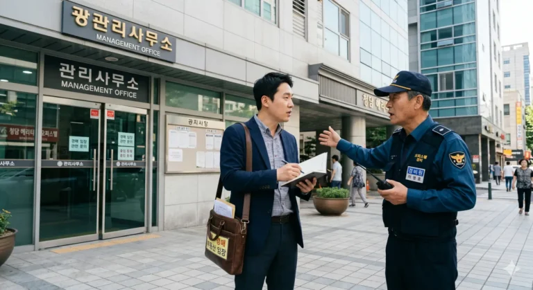 공실 오피스텔 경매 임장 시 관리사무소 앞에서 대화하는 모습